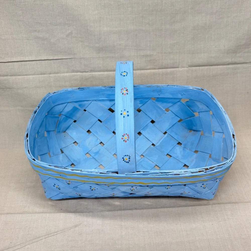 Vintage Blue Hand Painted Basket‎ Cottagecore Storage Easter Gathering Basket